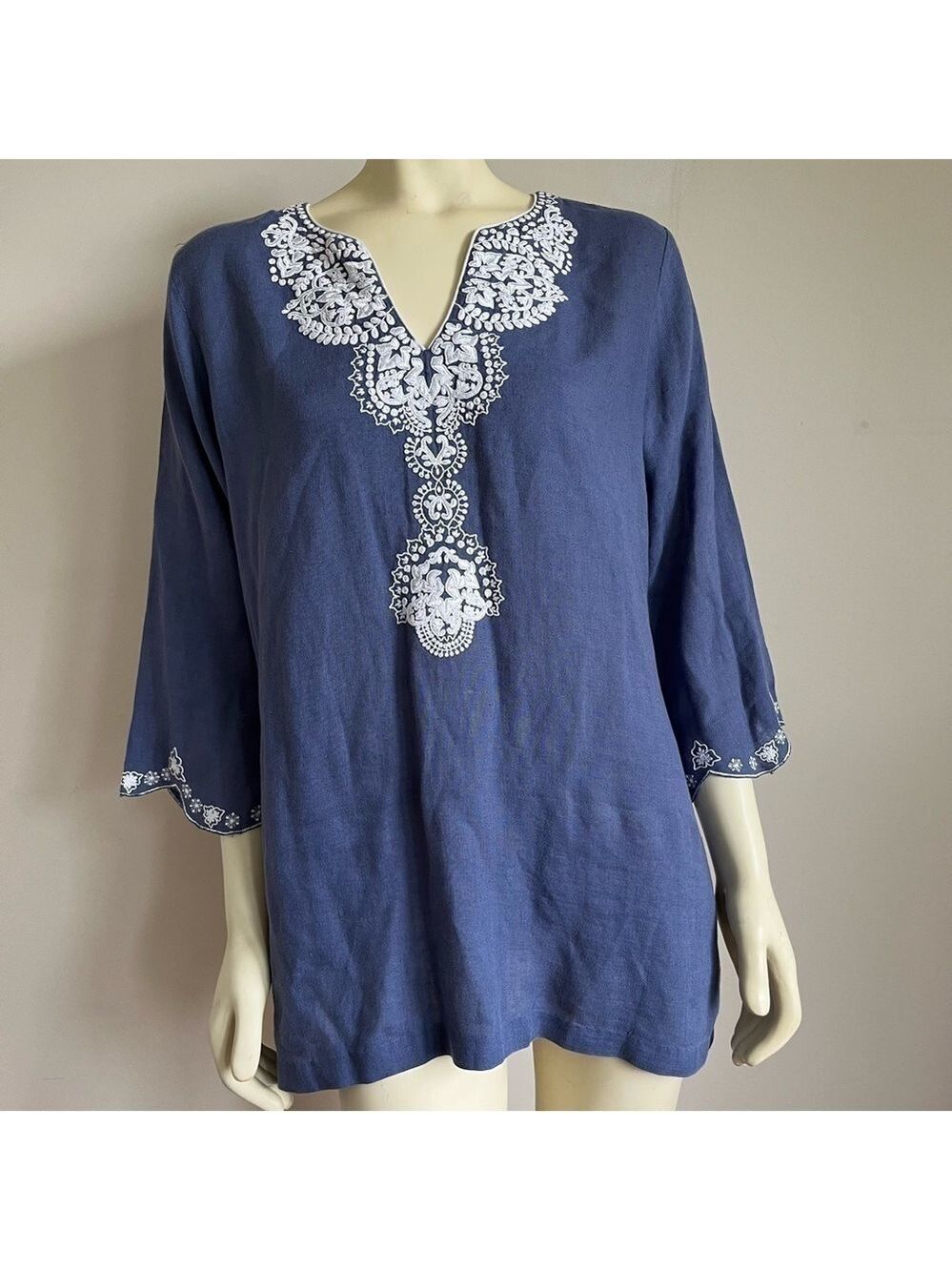 BELLA Tu Women’s Linen 3/4 Sleeves Embroidery Trimmed Tunic Top Blue White L XL